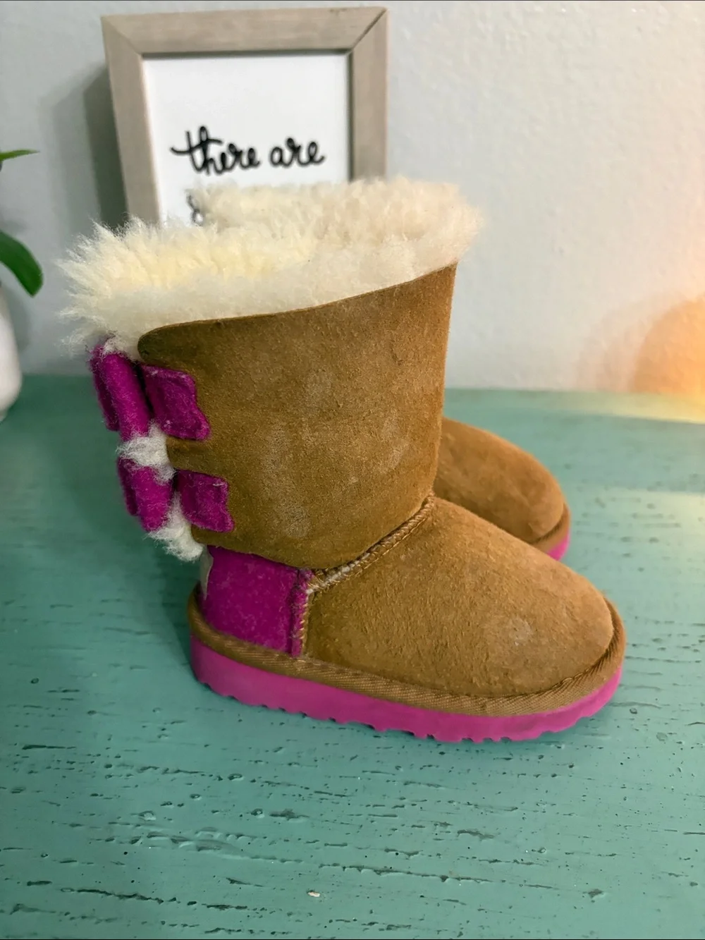 UGG Kids Chestnut Suede Boots with Pink Soles